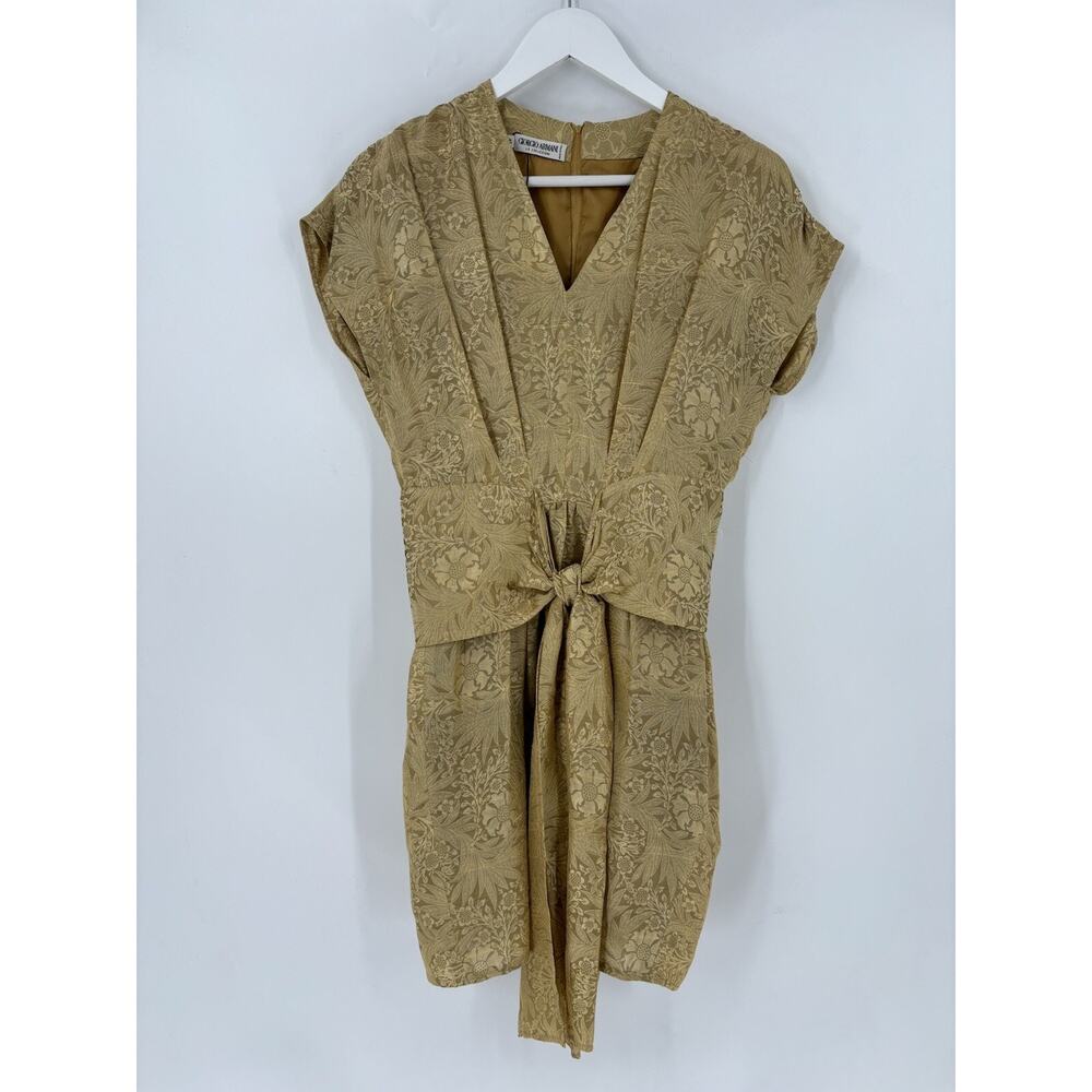 Giorgio Armani Vintage Dress Womens 8 Gold 100% Silk Sheath Pleated Floral Knot
